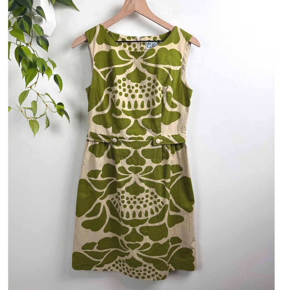 Tabitha Anthropologie Green Floral Cotton Slub Shift Dress 8 Mod Retro Boho